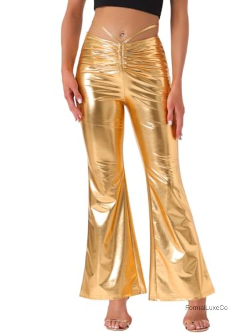 Metallic Wide Leg Party Pants Drawstring High Rise Regular Fit